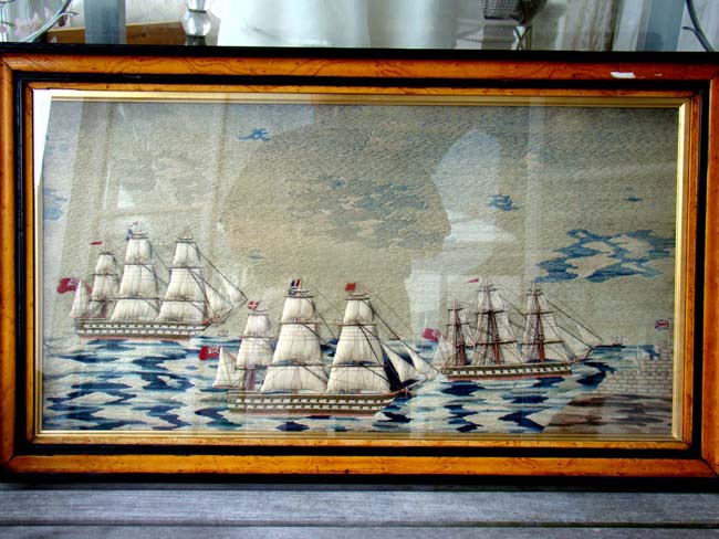 Perhaps the best multi ship sailors' woolwork picture on the market today!! Circa 1850-1870.